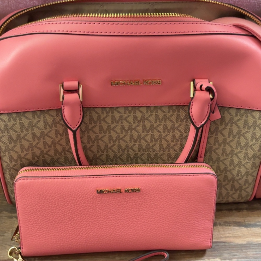 Michael Kors Coral and Brown Satchel Set